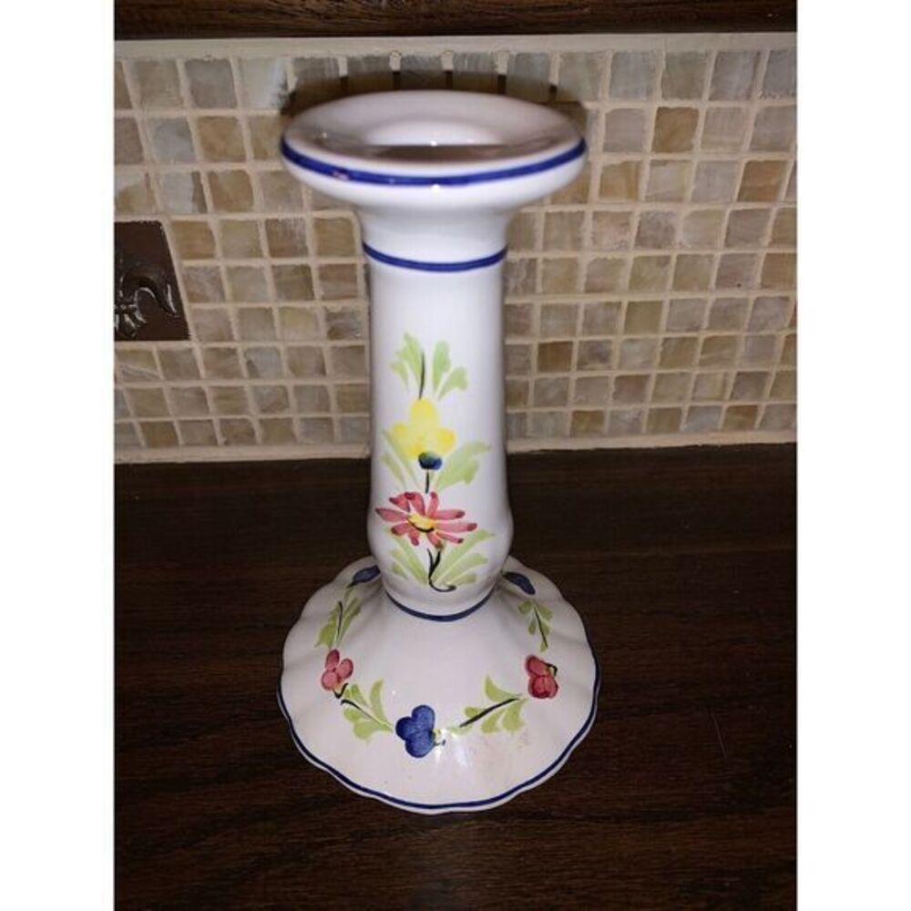 Holu Hand Painted Portugal Pottery Candlestick Candleholder‎ Flowers RGI Vintage